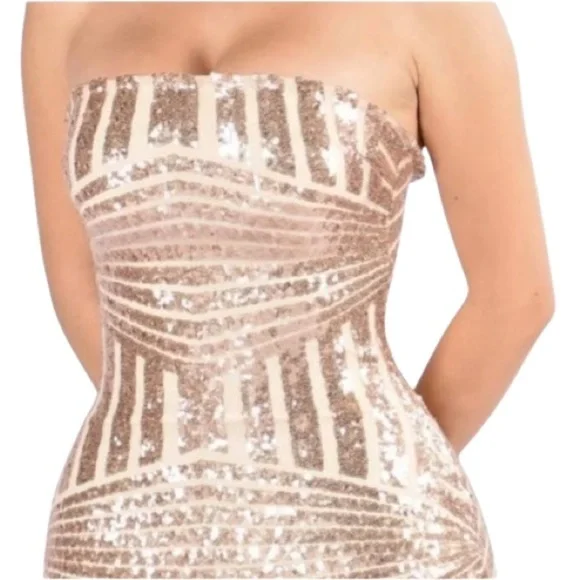 Women's S Fashion Nova Rose Gold Body-con Sequin Dress Strapless Fitted Bodycon - Picture 1 of 8